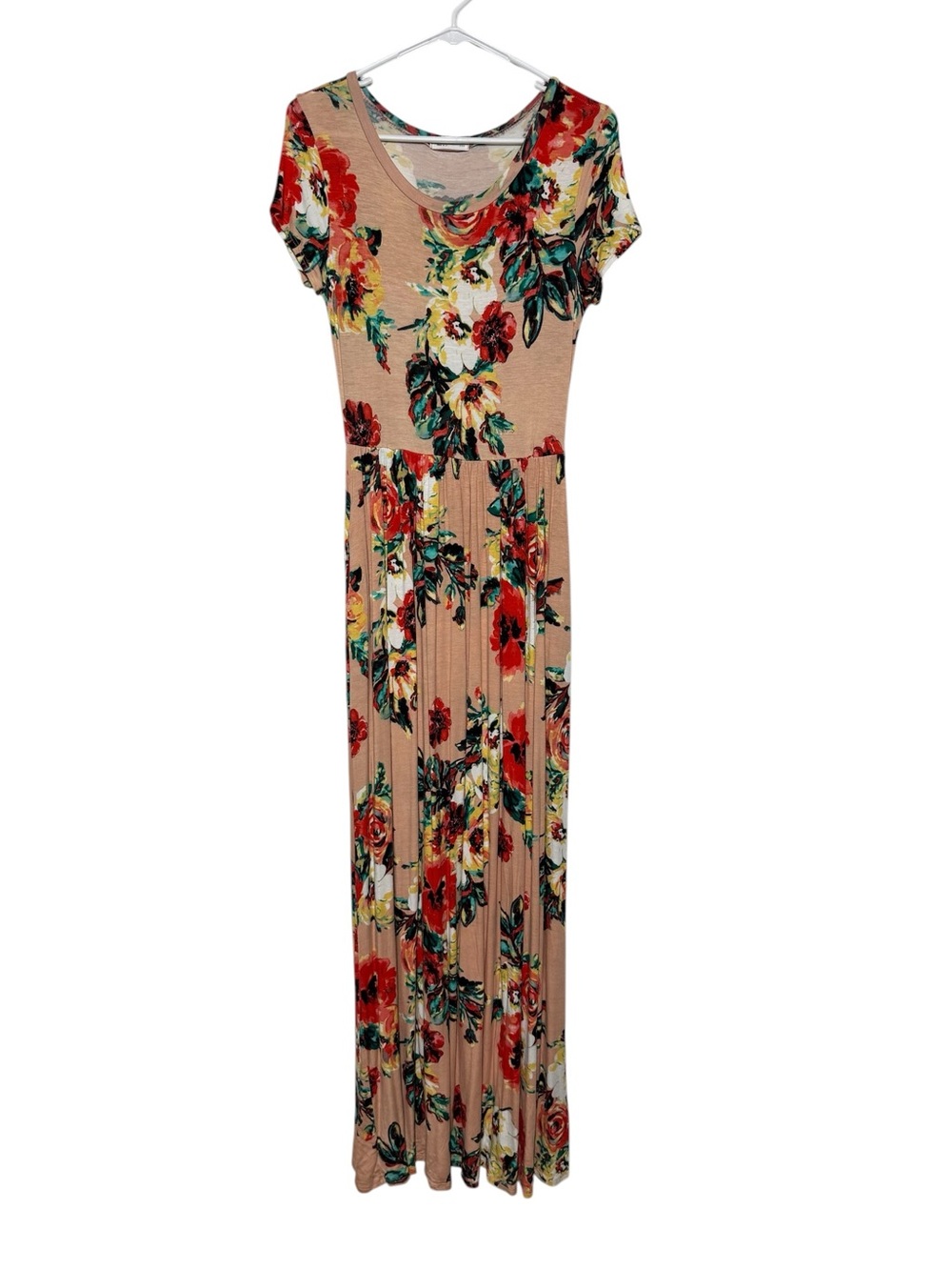 Reborn J Floral Maxi Dress Sz Medium Short Sleeve Peach Long‎ Modest Jersey Knit